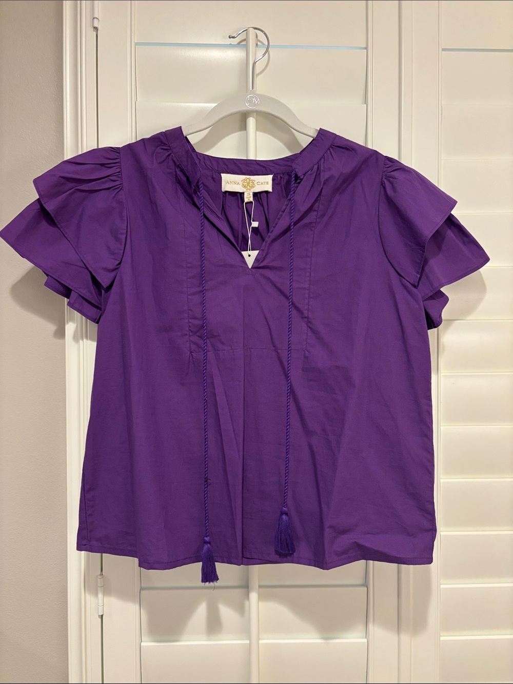 Annie Costello Brown Purple Tassel Tie Ruffle Sleeve Blouse